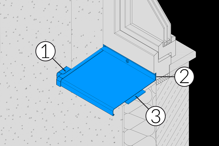 Fensterbank grafische Darstellung Einbau mit Dichtung, Antidröhnstreifen und Abschluss